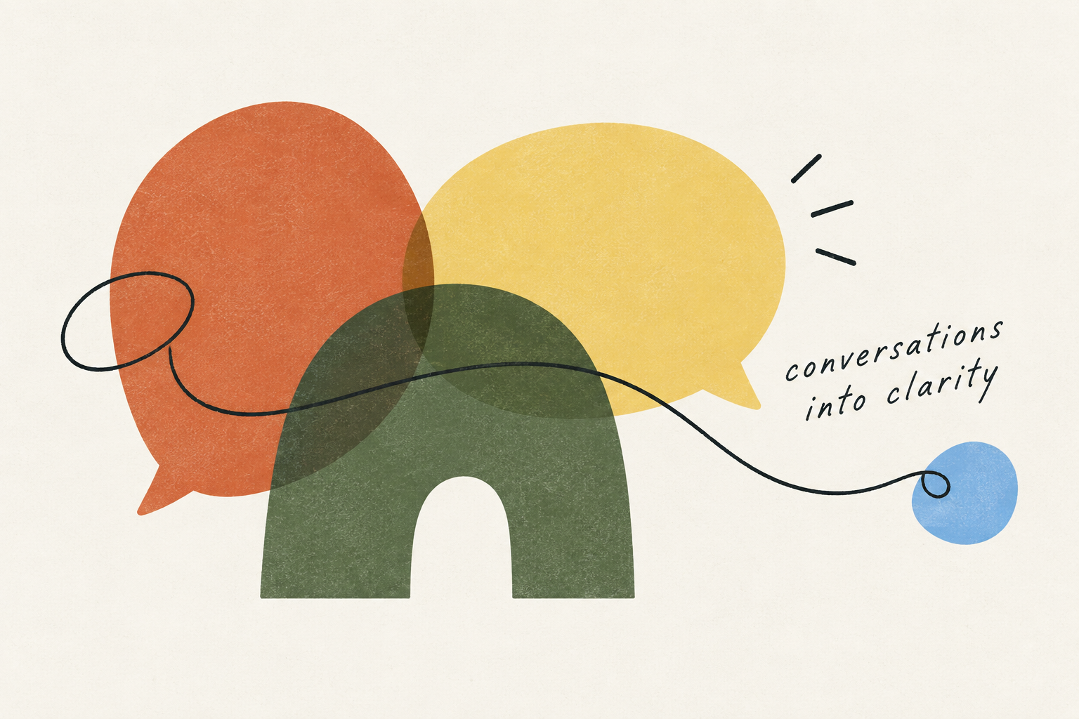 Flat conversational shapes joined by a loose ink line, with the words conversations into clarity.