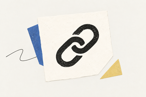 Cream clipped paper with an ink link, a blue backing slip, and a detached yellow corner on warm paper.